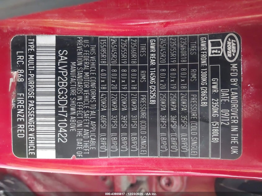 2013 Land Rover Range Rover Evoque Pure VIN: SALVP2BG3DH710422 Lot: 43985617