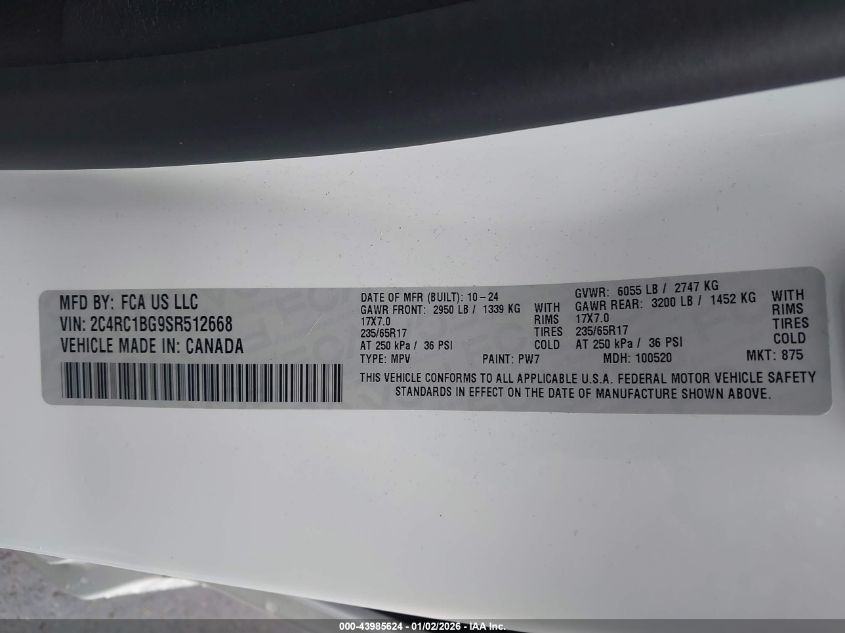 2025 Chrysler Pacifica - 2C4RC1BG9SR512668