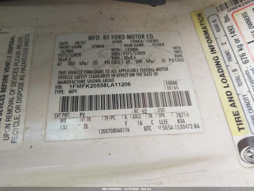 2008 Ford Expedition El Limited VIN: 1FMFK20558LA11206 Lot: 43985628