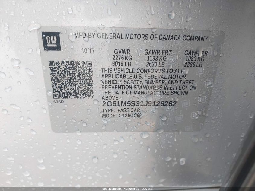 2018 Cadillac Xts Luxury VIN: 2G61M5S31J9126262 Lot: 43985634