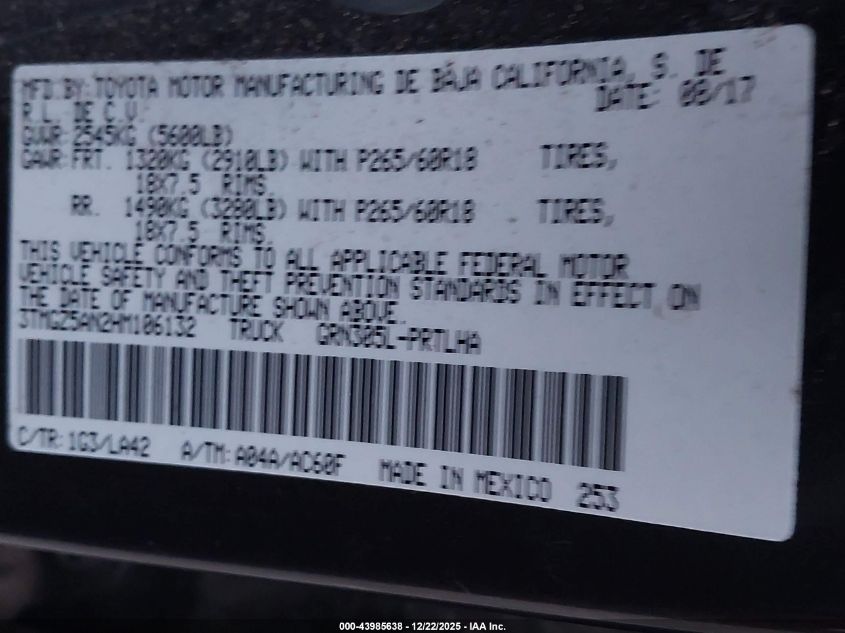 2017 Toyota Tacoma Limited VIN: 3TMGZ5AN2HM106132 Lot: 43985638