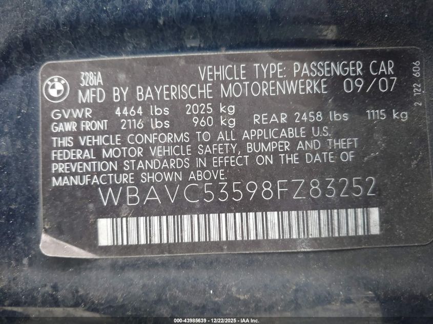 2008 BMW 328I VIN: WBAVC53598FZ83252 Lot: 43985639