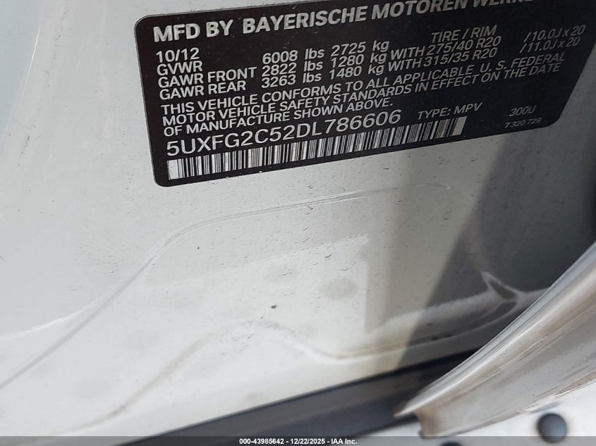 2013 BMW X6 xDrive35I VIN: 5UXFG2C52DL786606 Lot: 43985642