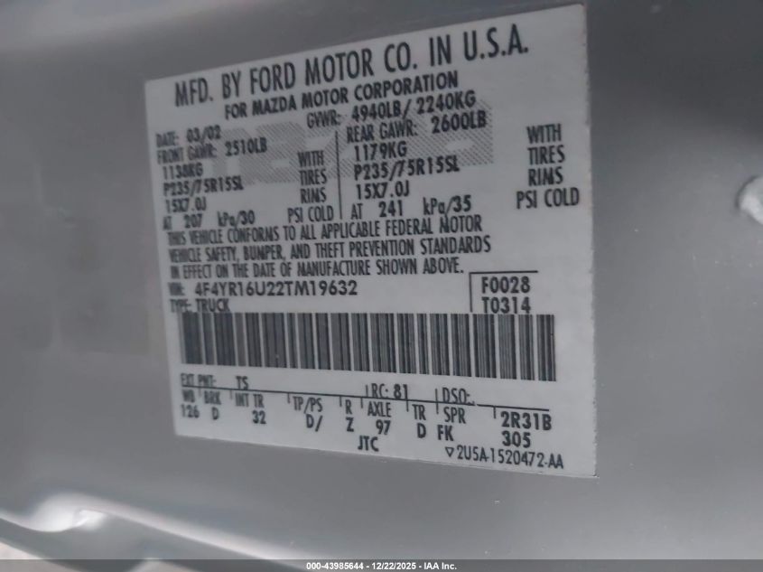 2002 Mazda B3000 Ds VIN: 4F4YR16U22TM19632 Lot: 43985644