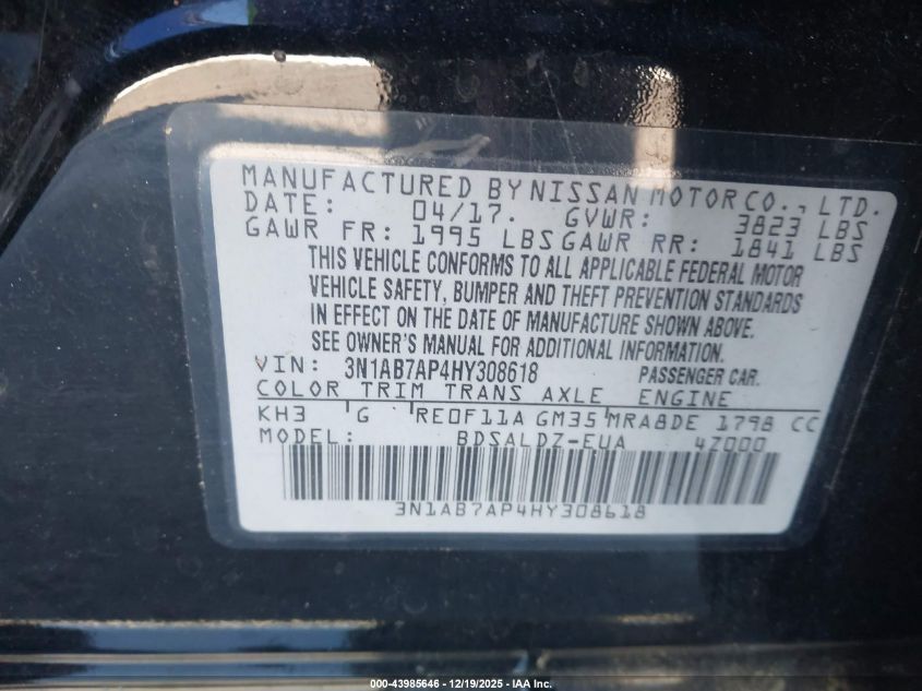 2017 Nissan Sentra Sv VIN: 3N1AB7AP4HY308618 Lot: 43985646