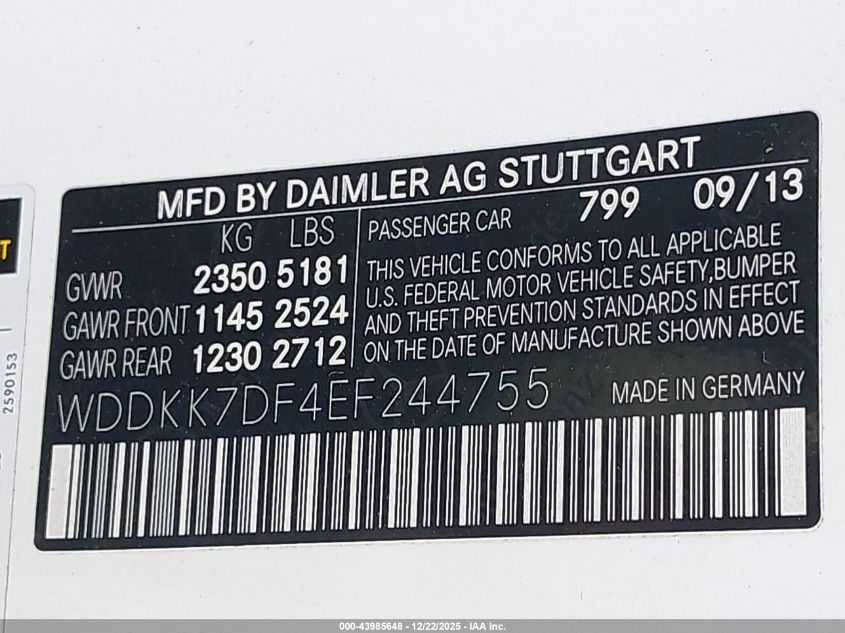 2014 Mercedes-Benz E 550 VIN: WDDKK7DF4EF244755 Lot: 43985648