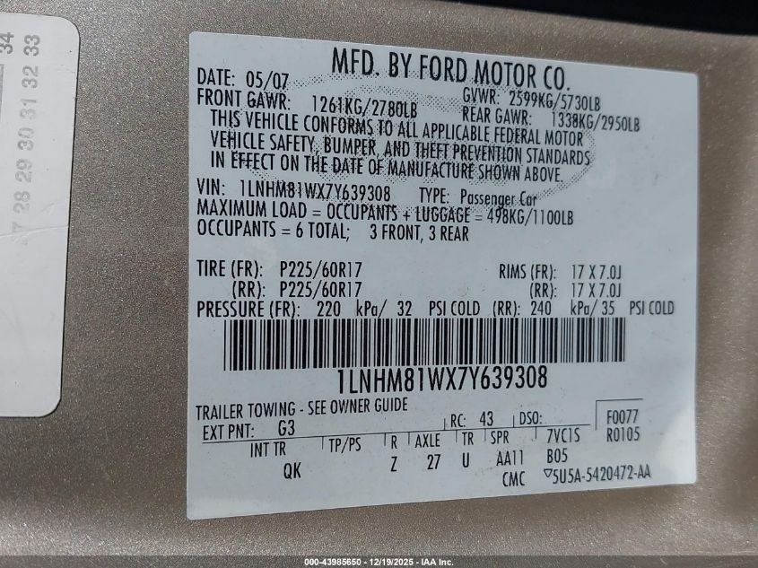 2007 Lincoln Town Car Signature VIN: 1LNHM81WX7Y639308 Lot: 43985650