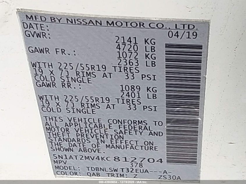2019 Nissan Rogue Sl VIN: 5N1AT2MV4KC812704 Lot: 43985654