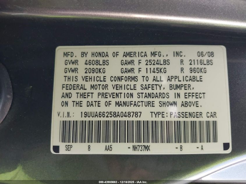 2008 Acura Tl 3.2 VIN: 19UUA66258A048787 Lot: 43985663