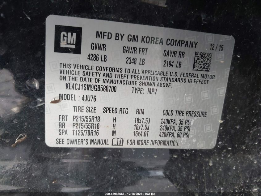 2016 Buick Encore Sport Touring VIN: KL4CJ1SM9GB580700 Lot: 43985666