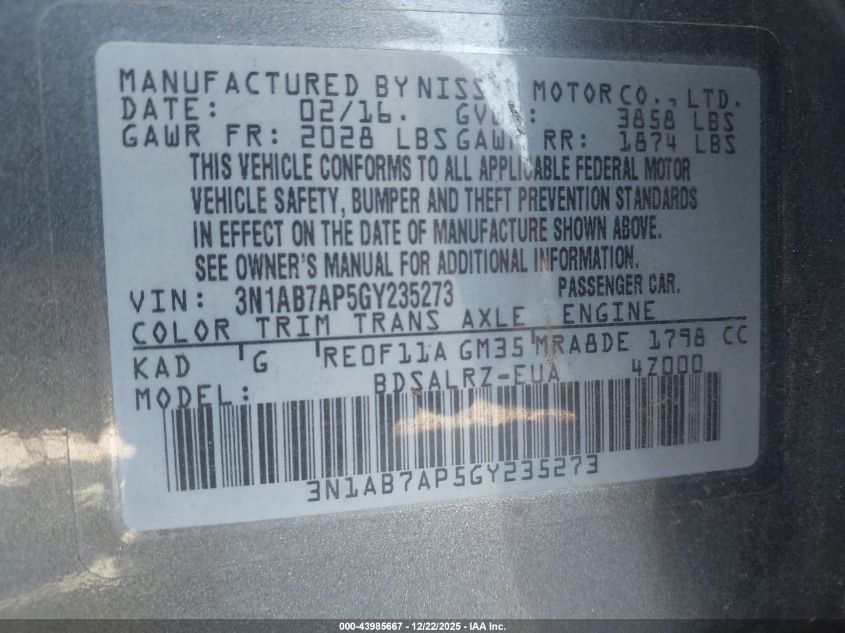 2016 Nissan Sentra Sr VIN: 3N1AB7AP5GY235273 Lot: 43985667