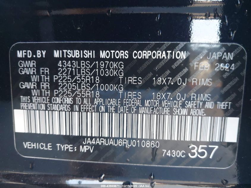 2024 Mitsubishi Outlander Sport Es VIN: JA4ARUAU6RU010860 Lot: 43985671