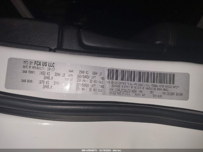 2018 Jeep Grand Cherokee High Altitude 4X4 VIN: 1C4RJFCG8JC214654 Lot: 43985675
