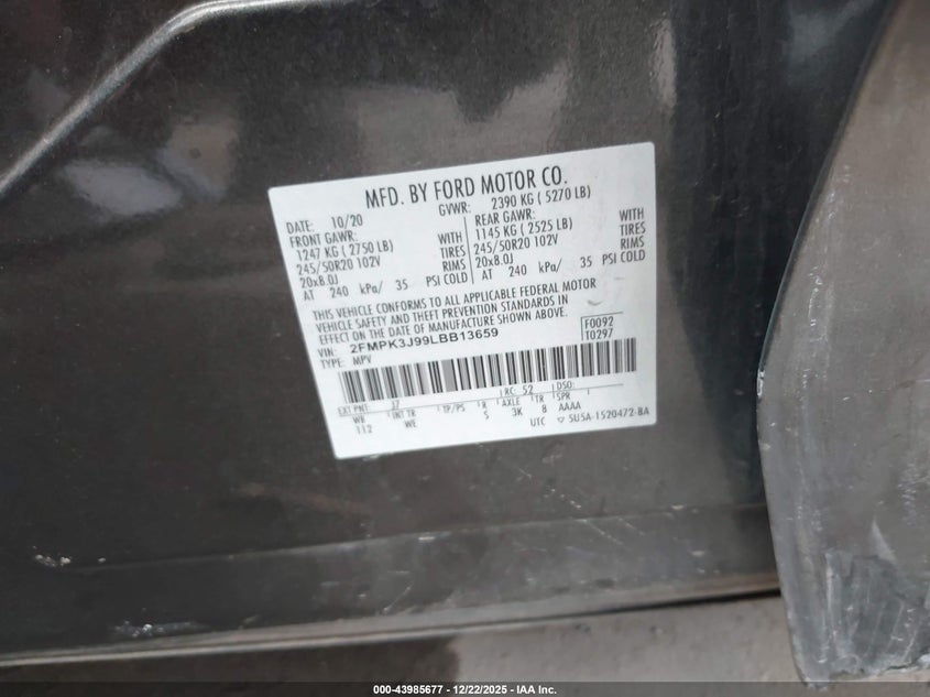 VIN 2FMPK3J99LBB13659 2020 FORD EDGE ST LINE