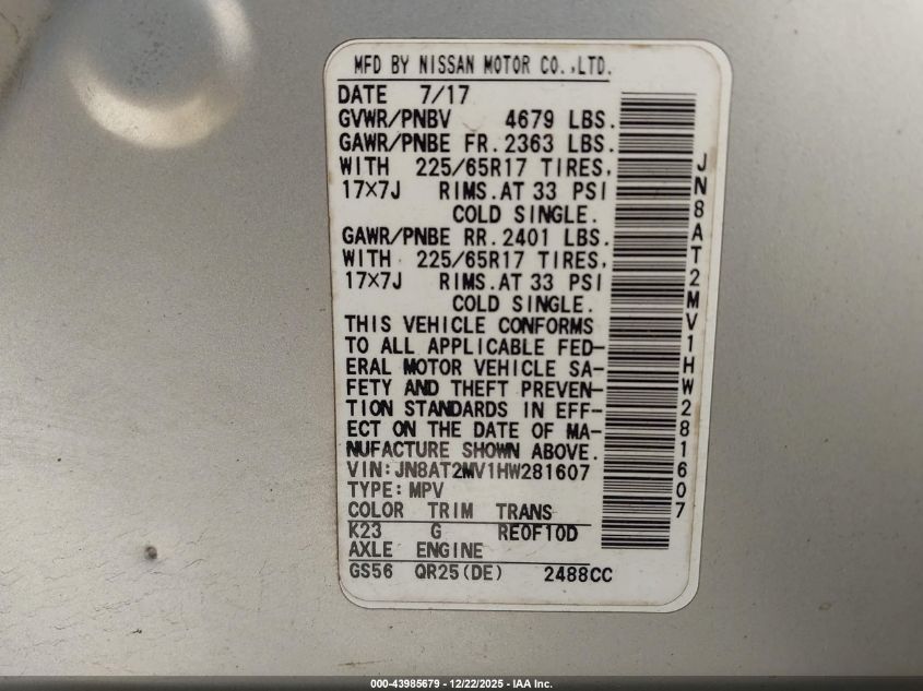 2017 Nissan Rogue Sv VIN: JN8AT2MV1HW281607 Lot: 43985679