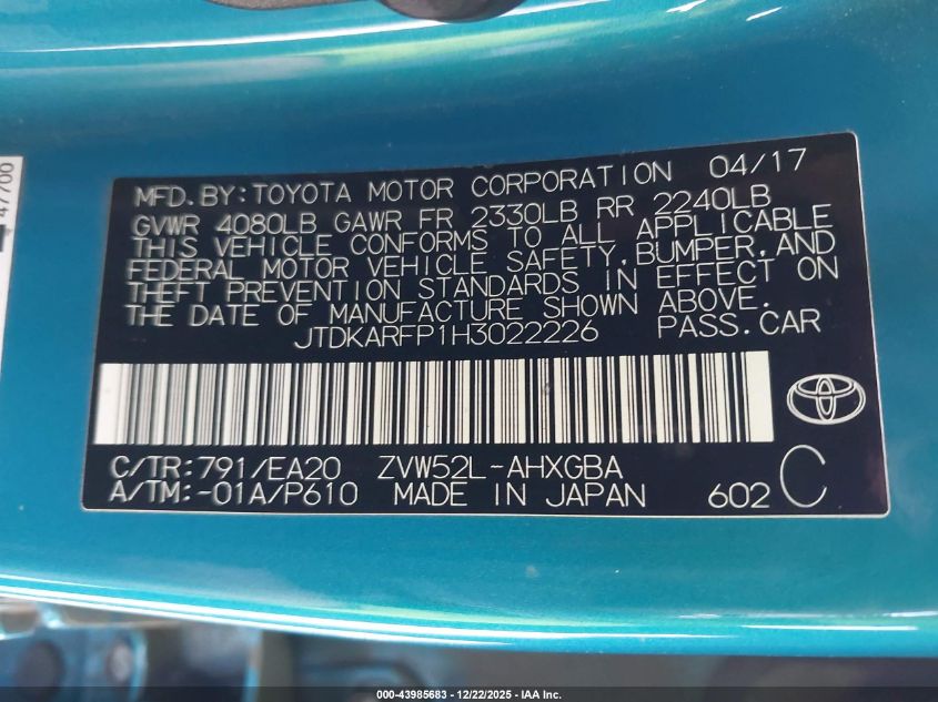 2017 Toyota Prius Prime Advanced VIN: JTDKARFP1H3022226 Lot: 43985683