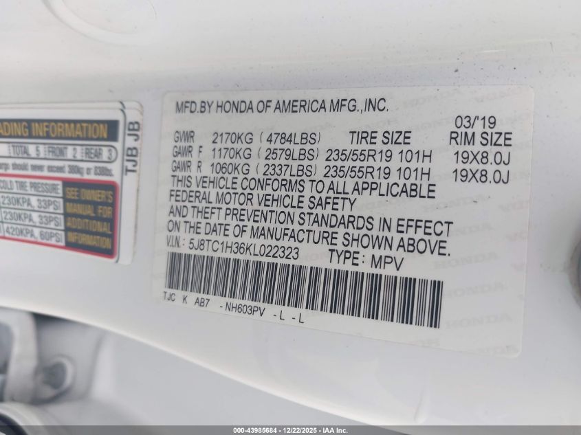 2019 Acura Rdx Standard VIN: 5J8TC1H36KL022323 Lot: 43985684