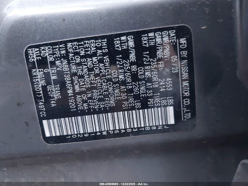 2023 Nissan Rogue Sv Fwd VIN: JN8BT3BA6PW419201 Lot: 43985689