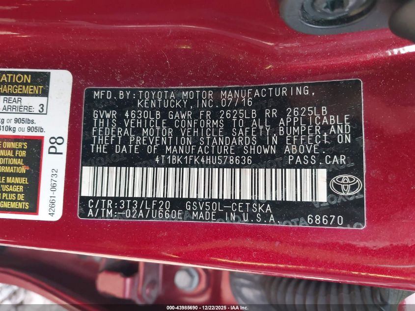 2017 Toyota Camry Xse V6 VIN: 4T1BK1FK4HU578636 Lot: 43985690