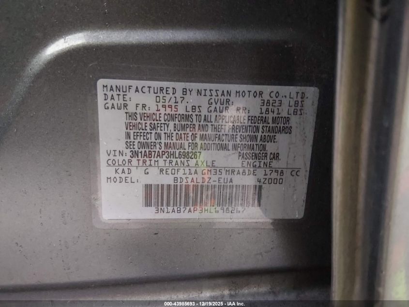 2017 Nissan Sentra Sv VIN: 3N1AB7AP3HL698267 Lot: 43985693