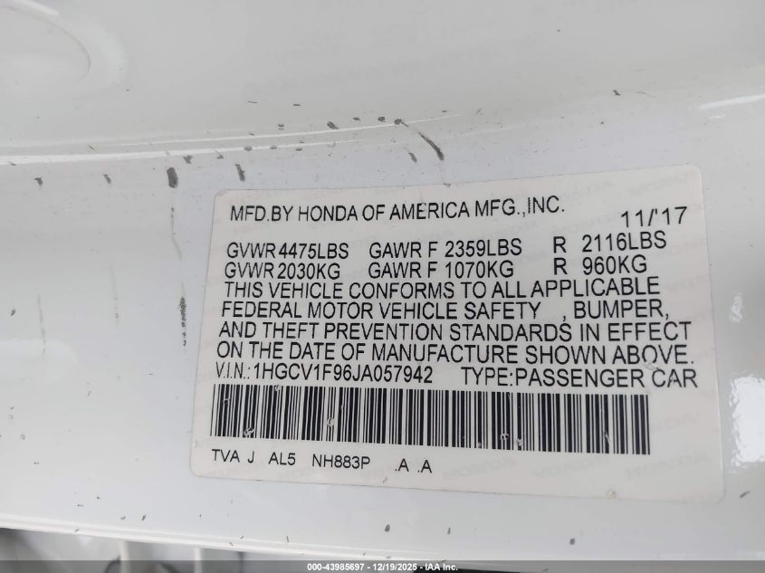 2018 Honda Accord Touring VIN: 1HGCV1F96JA057942 Lot: 43985697