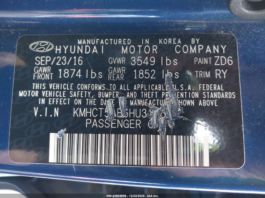 2017 Hyundai Accent Se VIN: KMHCT5AE6HU313842 Lot: 43985699