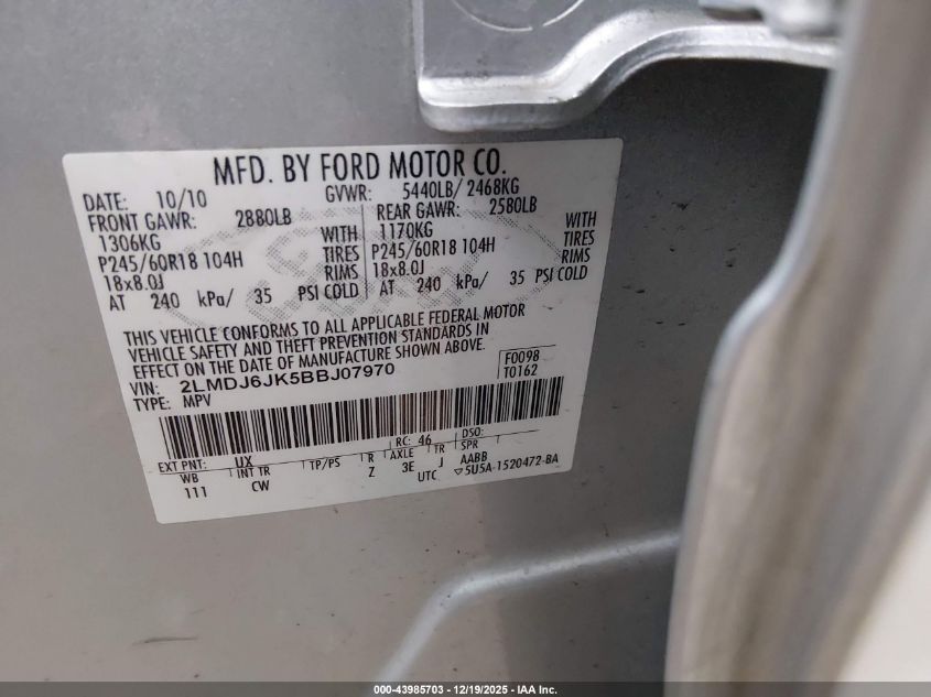 2011 Lincoln Mkx VIN: 2LMDJ6JK5BBJ07970 Lot: 43985703