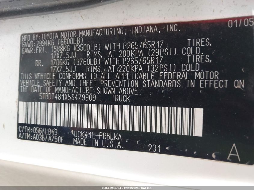 2005 Toyota Tundra Limited V8 VIN: 5TBDT481X5S479909 Lot: 43985704