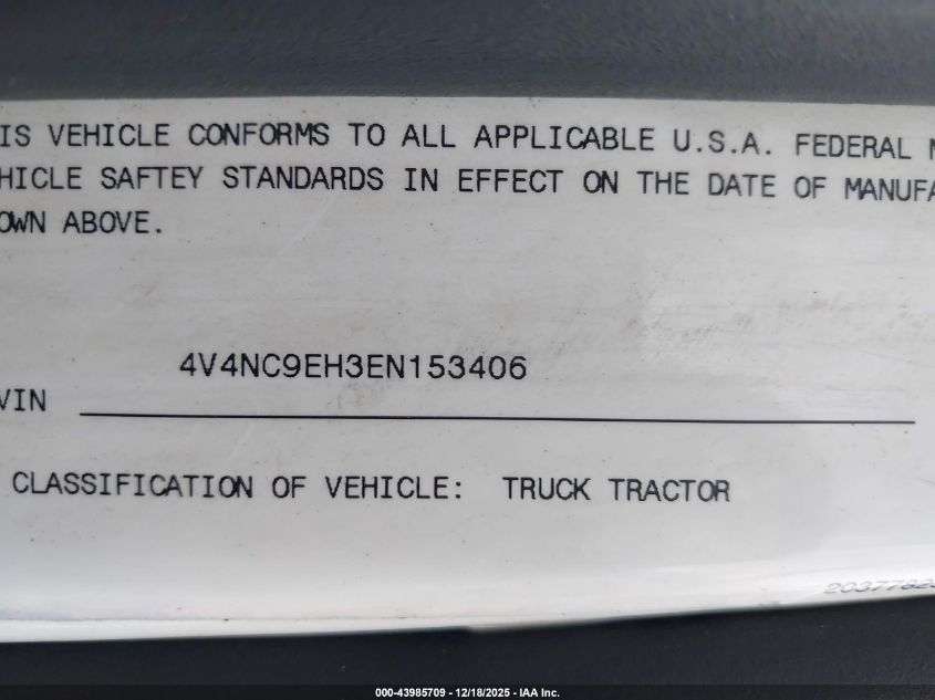 2014 Volvo Vn Vnl VIN: 4V4NC9EH3EN153406 Lot: 43985709