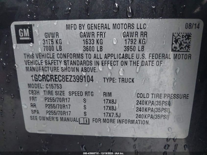 2014 Chevrolet Silverado 1500 1Lt VIN: 1GCRCREC8EZ399104 Lot: 43985710