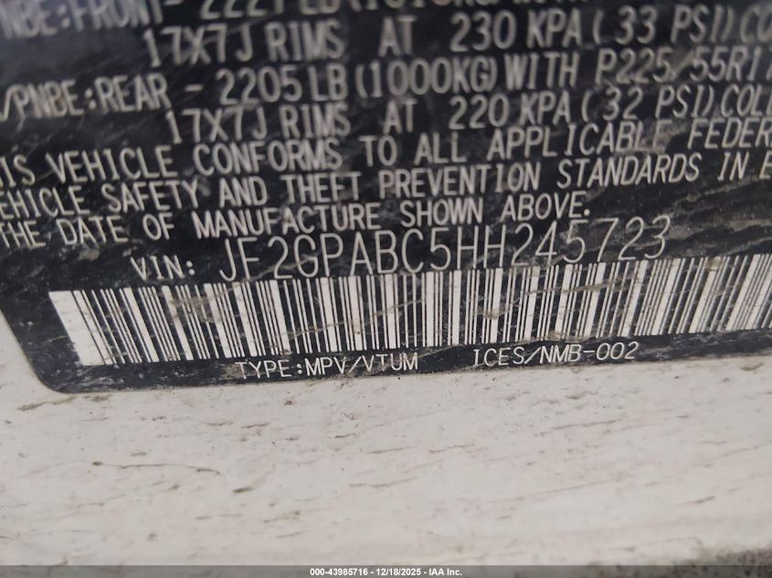 2017 Subaru Crosstrek 2.0I Premium VIN: JF2GPABC5HH245723 Lot: 43985716