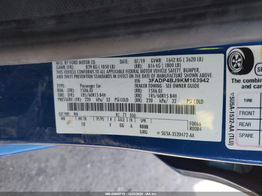 2019 Ford Fiesta Se VIN: 3FADP4BJ9KM163942 Lot: 43985718