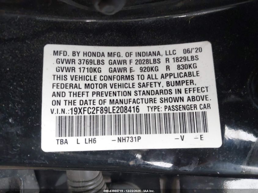 2020 Honda Civic Sport VIN: 19XFC2F89LE208416 Lot: 43985719