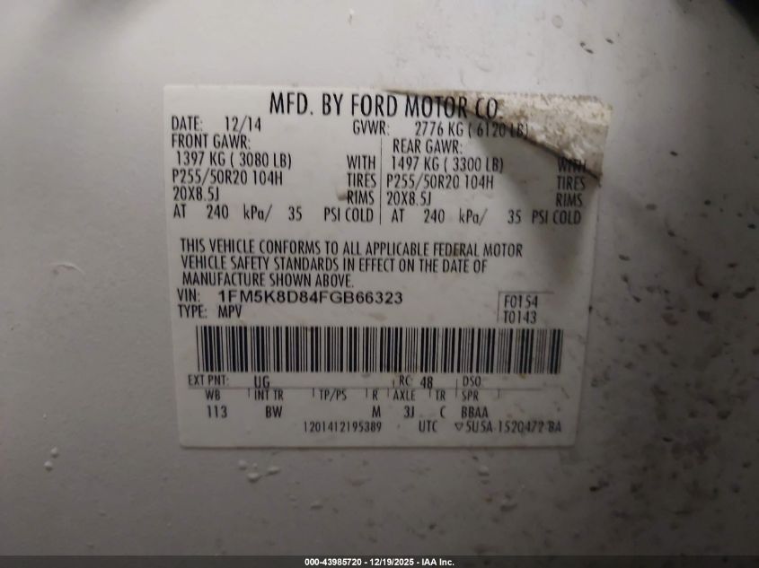 2015 Ford Explorer Xlt VIN: 1FM5K8D84FGB66323 Lot: 43985720