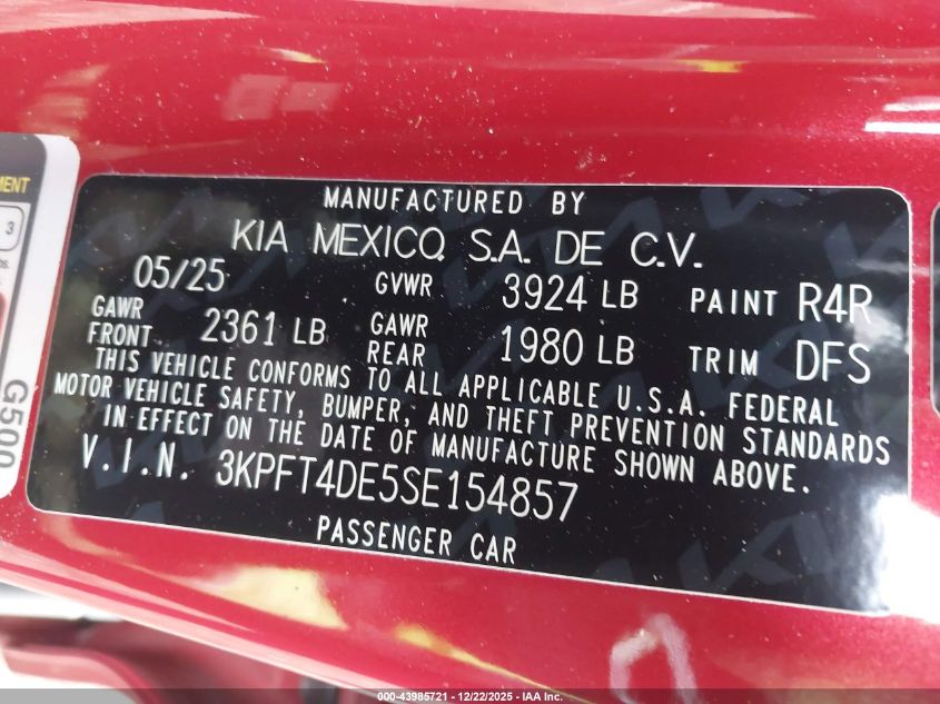 2025 Kia K4 Lxs VIN: 3KPFT4DE5SE154857 Lot: 43985721