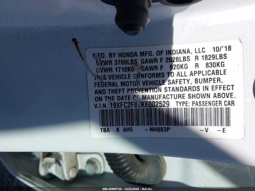 2019 Honda Civic Sport VIN: 19XFC2F82KE002529 Lot: 43985726