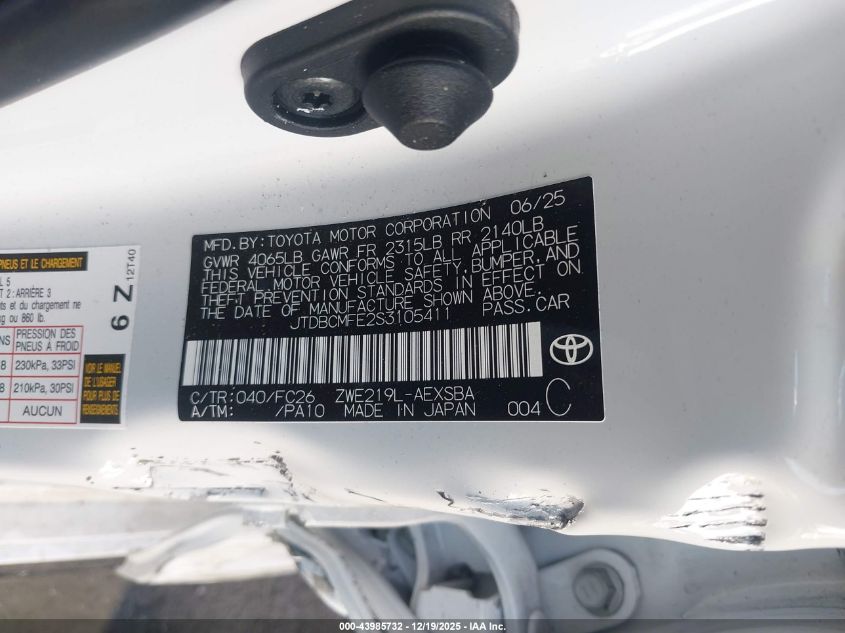 2025 Toyota Corolla Hybrid Se VIN: JTDBCMFE2S3105411 Lot: 43985732