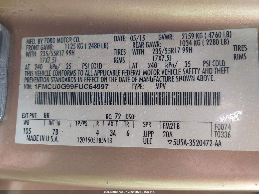 2015 Ford Escape Se VIN: 1FMCU0G99FUC64997 Lot: 43985735