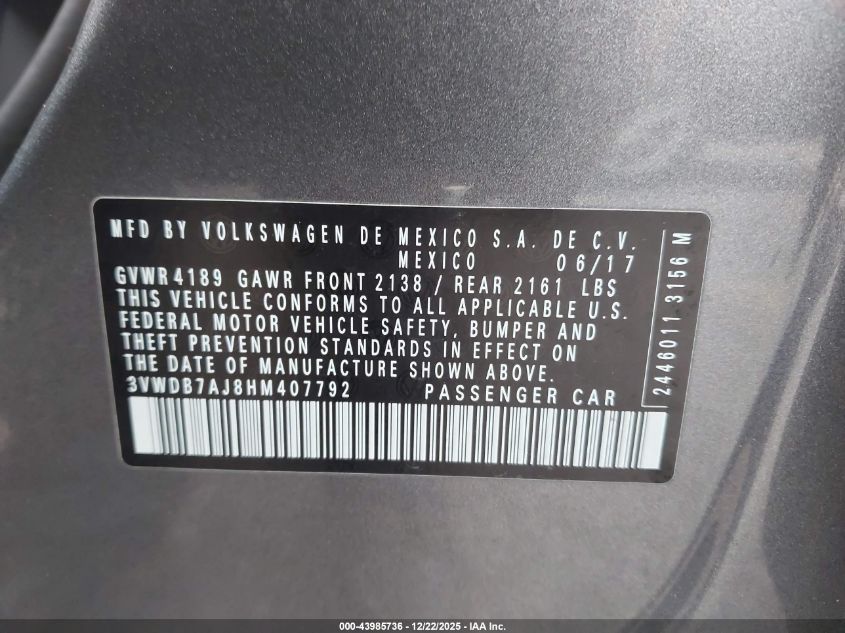 2017 Volkswagen Jetta 1.4T Se VIN: 3VWDB7AJ8HM407792 Lot: 43985736