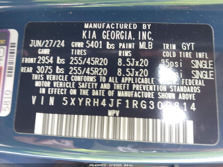 2024 Kia Sorento Ex VIN: 5XYRH4JF1RG308814 Lot: 43985737