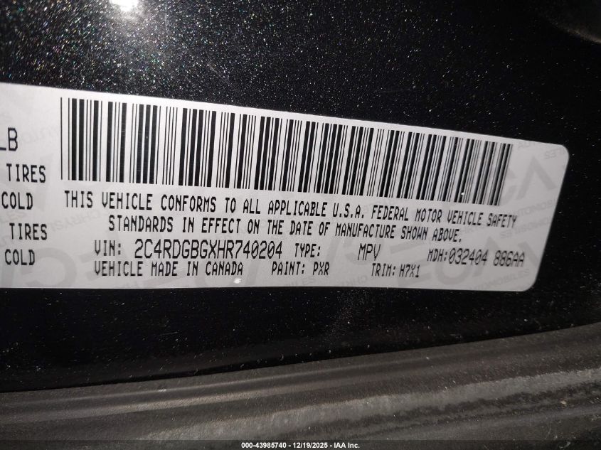 2017 Dodge Grand Caravan Se VIN: 2C4RDGBGXHR740204 Lot: 43985740