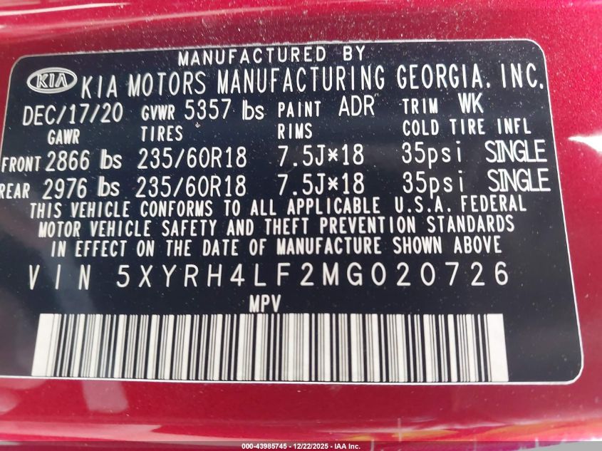 2021 Kia Sorento Ex VIN: 5XYRH4LF2MG020726 Lot: 43985745