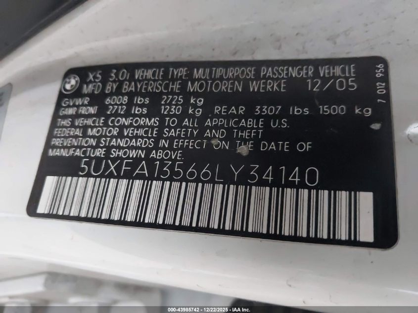 2006 BMW X5 3.0I VIN: 5UXFA13566LY34140 Lot: 43985742