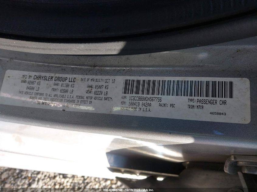 2013 Chrysler 200 Touring VIN: 1C3CCBBB0DN567756 Lot: 43985744