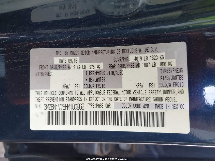 2017 Mazda Mazda3 Touring VIN: 3MZBN1V76HM100969 Lot: 43985746