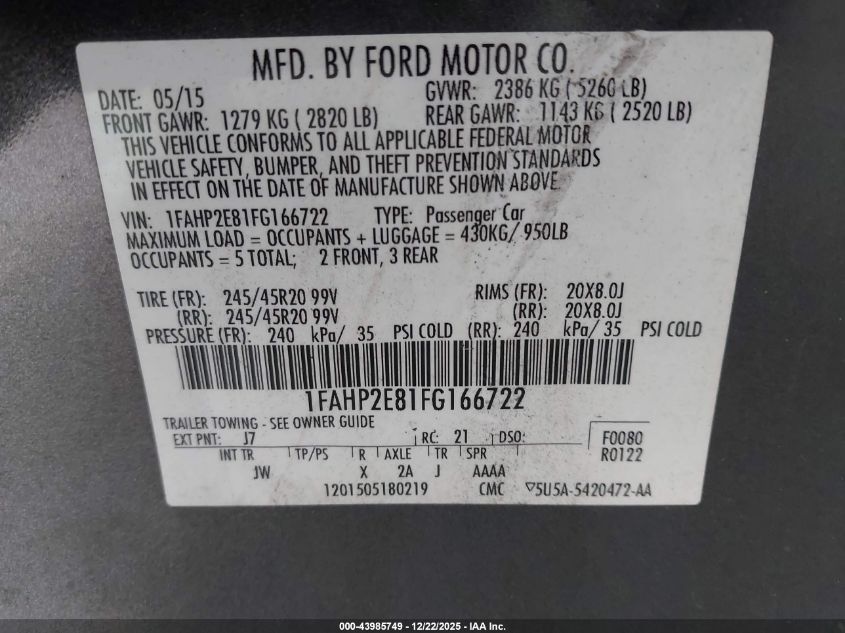 2015 Ford Taurus Sel VIN: 1FAHP2E81FG166722 Lot: 43985749