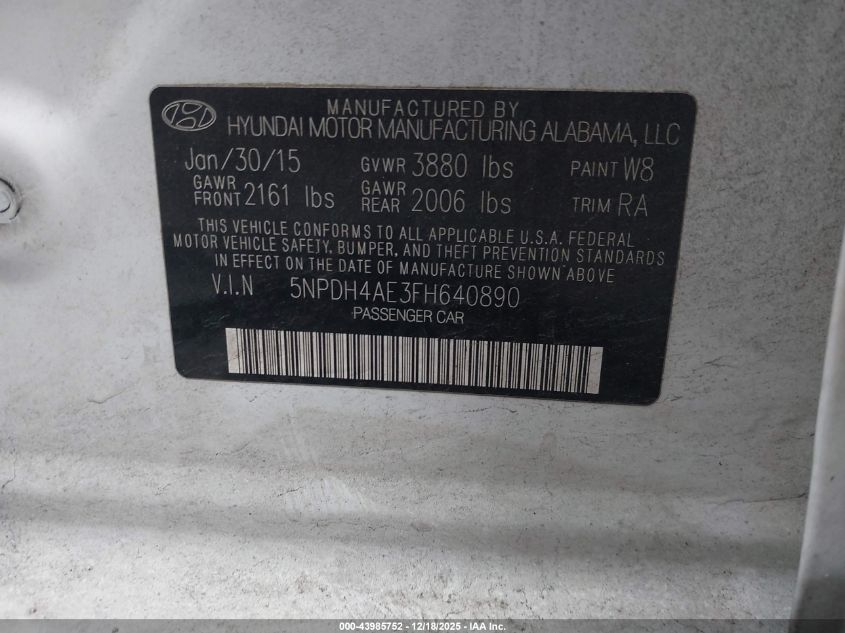 2015 Hyundai Elantra Se VIN: 5NPDH4AE3FH640890 Lot: 43985752