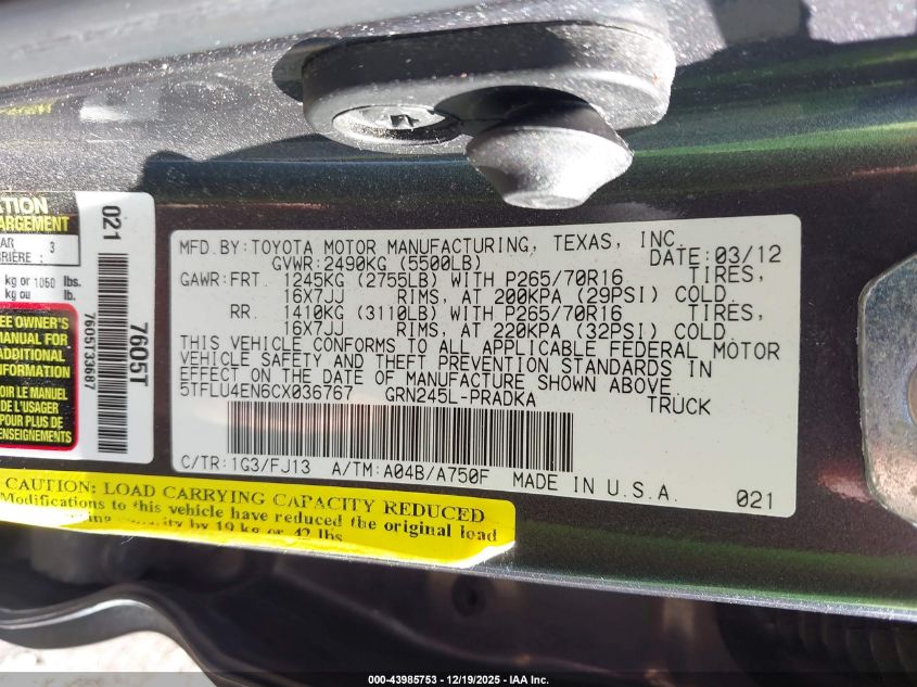 2012 Toyota Tacoma Base V6 VIN: 5TFLU4EN6CX036767 Lot: 43985753