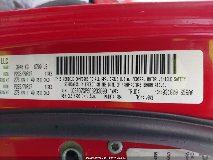 2012 Ram 1500 Slt VIN: 1C6RD7GP9CS233608 Lot: 43985756