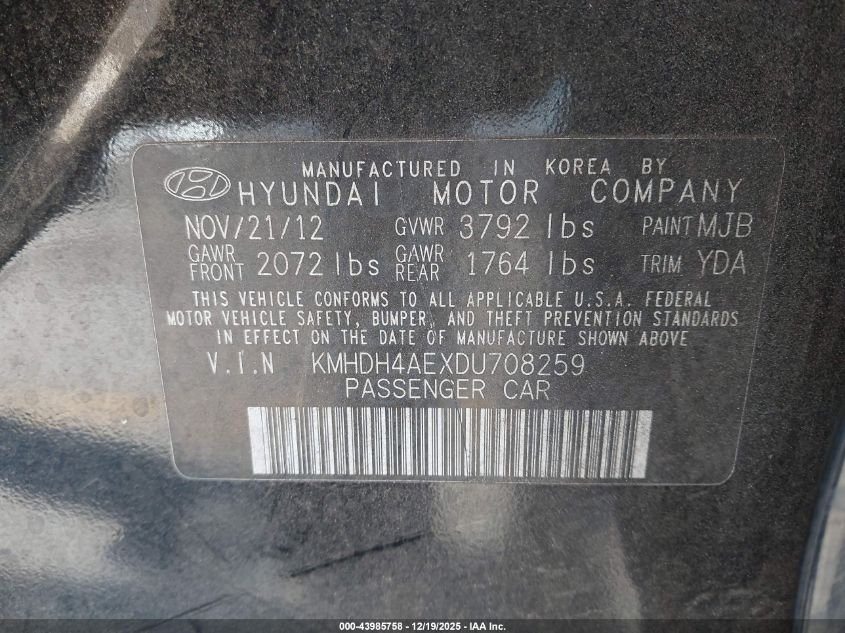 2013 Hyundai Elantra Gls VIN: KMHDH4AEXDU708259 Lot: 43985758